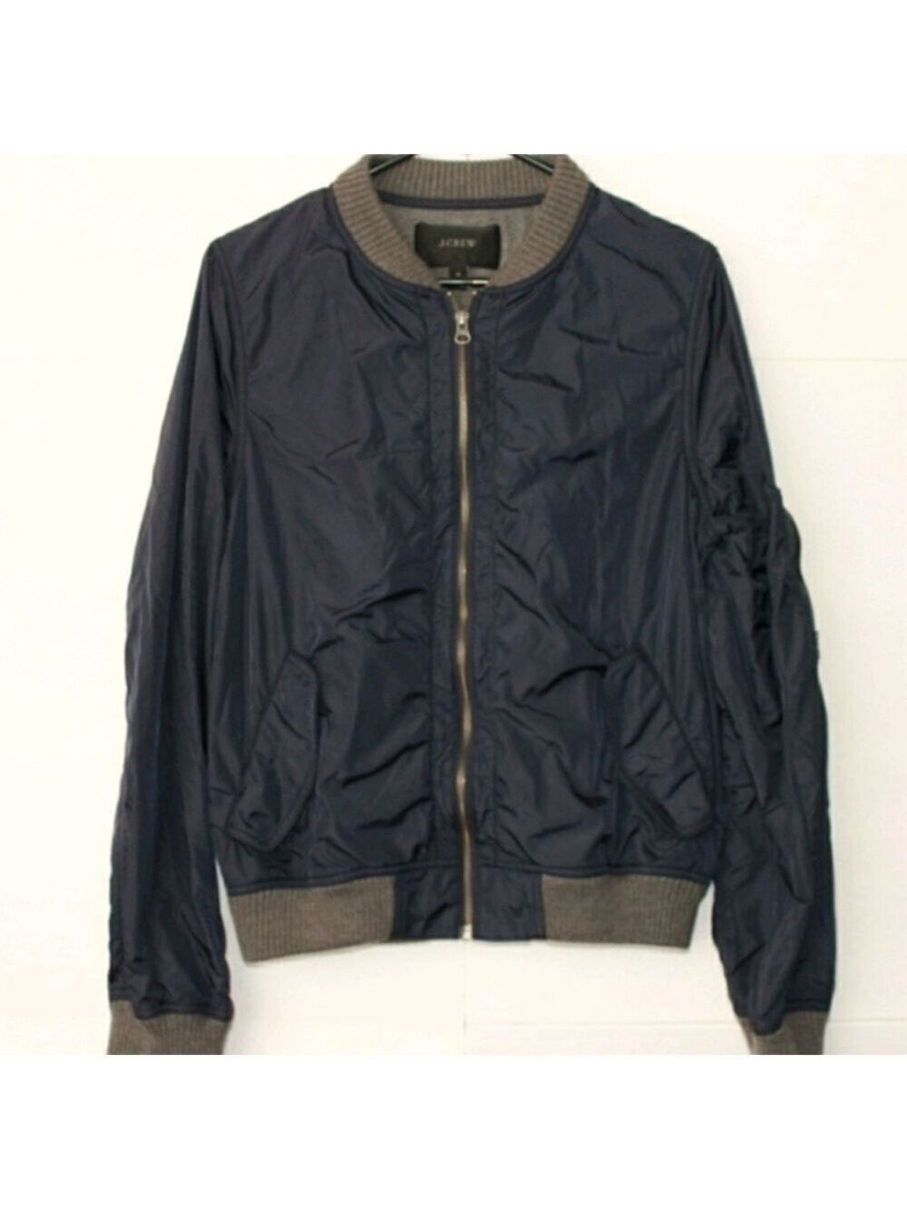 J. Crew navy Blue sweatshirt lined nylon bomber Jacket with Gray Accents small